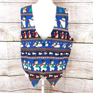 Vintage 111 Main Blue and Black Festive Snowman and Penguin Vest Size L